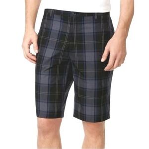 Calvin Klein Men's Plaid Flat Front Chino Shorts Black Blue and Gray Size 32